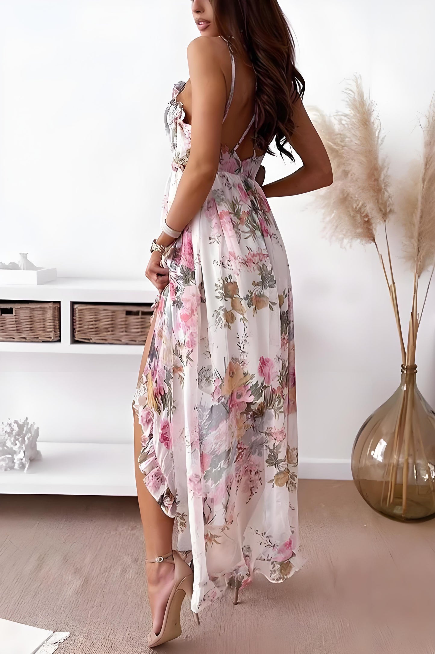 Women's Beach Holiday Floral High-Low Chiffon Midi Dresses