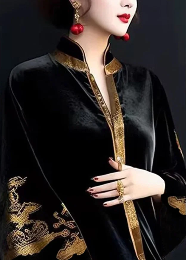 Vintage V-Neck Printed Patchwork Velvet Long Dress