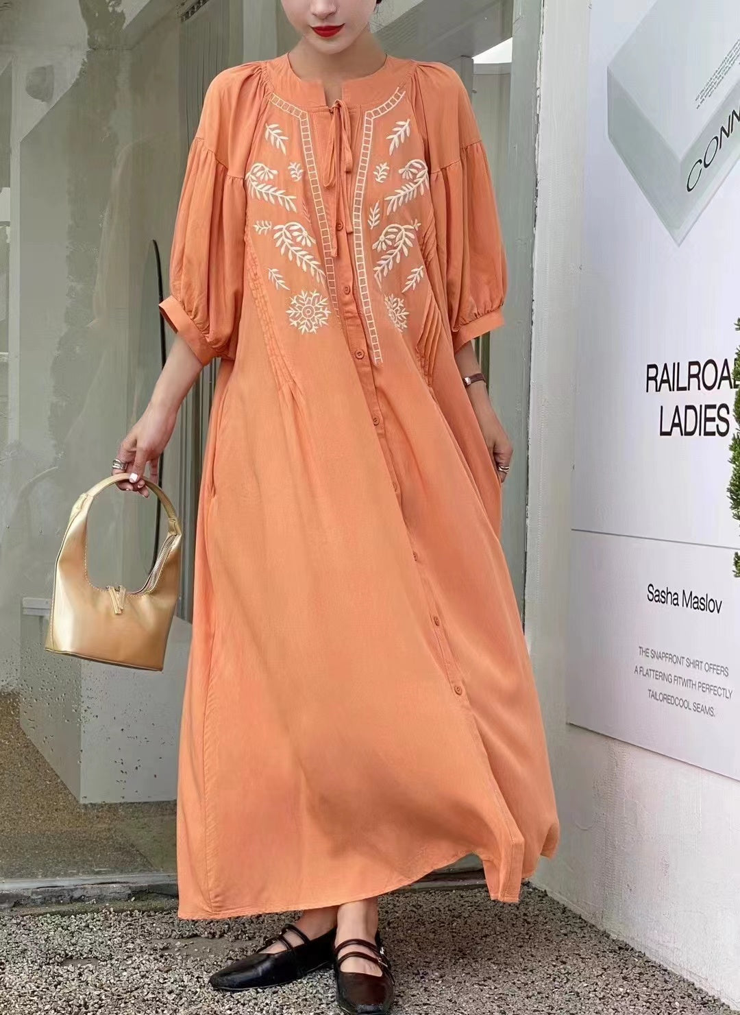 Elegant embroidered strappy cotton linen dress