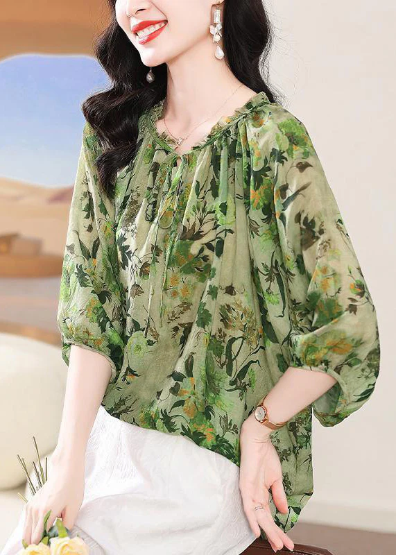 Elegant Ruffle Tie Print Short Sleeve Shirt