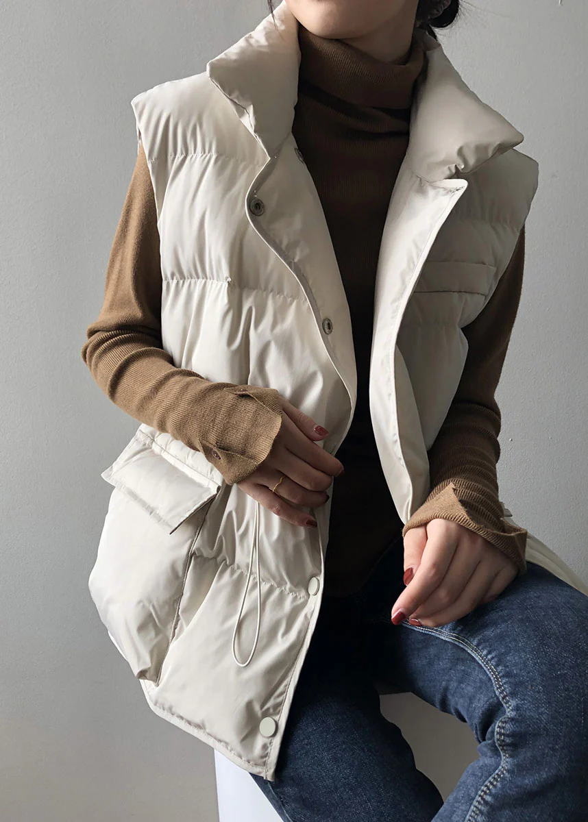 Women's White Button Drawstring Sleeveless Down Vest