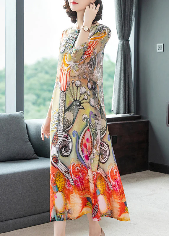 Women's Peacock Pattern Round Neck Printed Silk Vacation Dress Long Sleeve
