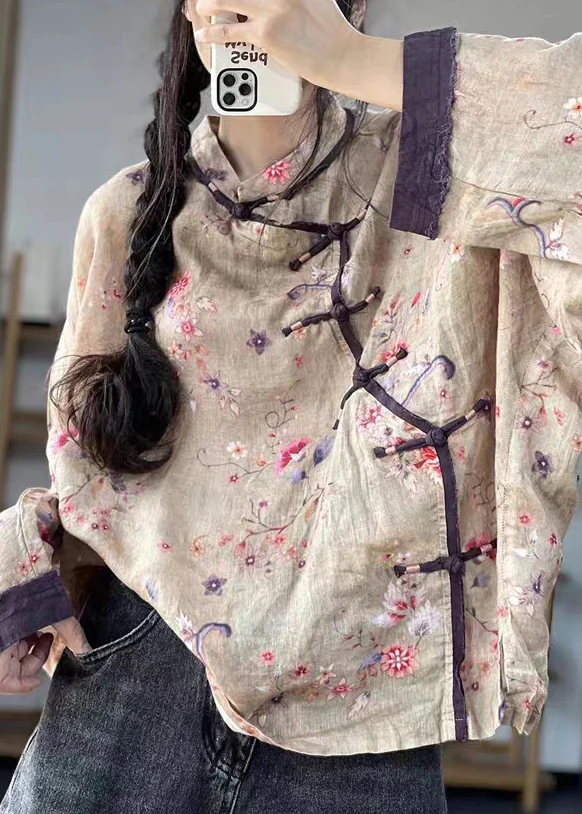 Vintage Button Print Patchwork Cotton Asymmetric Long Sleeve Shirt