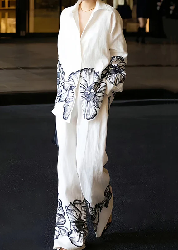 White Peter Pan Collar Printed Linen Two Piece Set