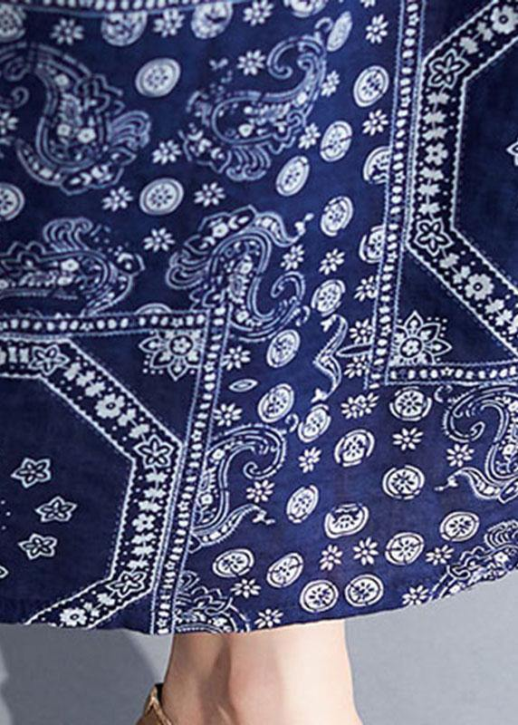 French large hem printed dress cotton linen