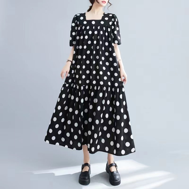 Plus Size Polka Dot Square Neck Short Sleeve Long Dresses