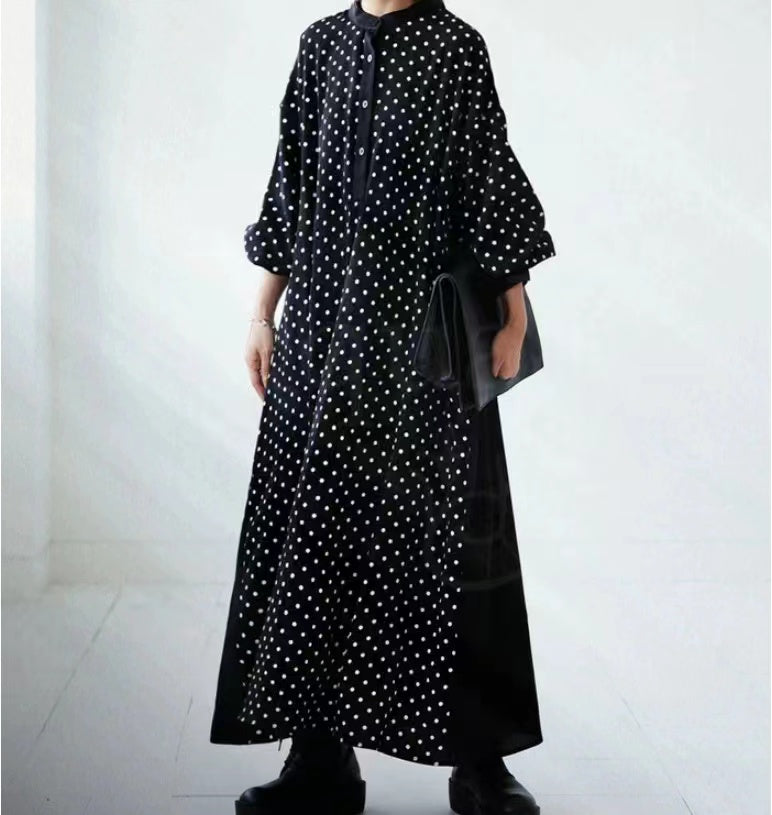 Loose Standing Collar Patchwork Polka Dot Color Clash Long Sleeve Long Dress