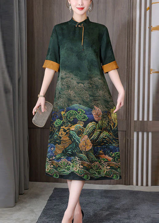 Fashion Printed Silk Long Dress Chinese Neck Zipper Short Sleeve