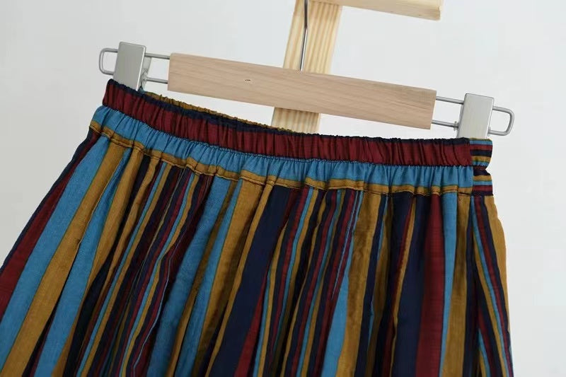 Vintage colorful oversized striped cotton A-line skirt