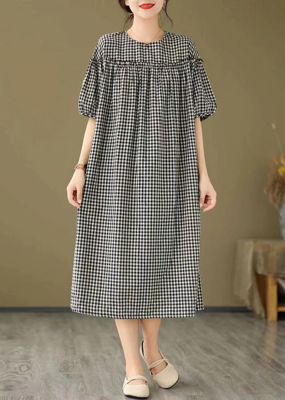 Women's Plus Size Black O Neck Plaid Ruffle Dress Spring