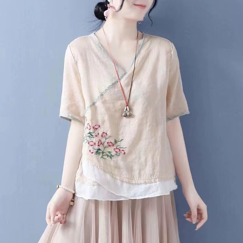 French Embroidered Color-Crossing Asymmetric Cotton Short Sleeve Shirt Top