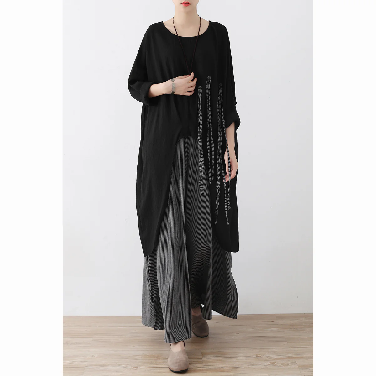 Black Fringed Cotton Blouse Oversized Women's Tops