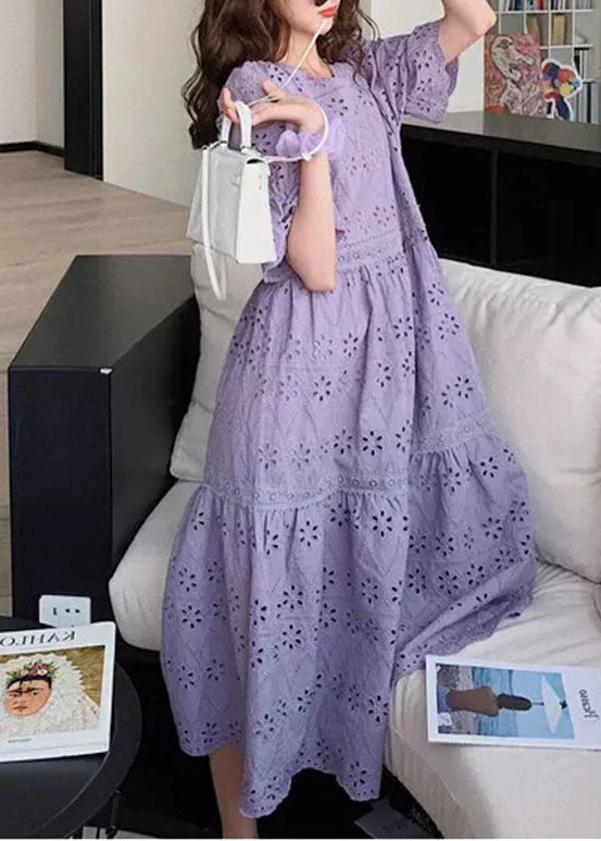 Embroidered Cutout Cotton Bubble Sleeve Dress