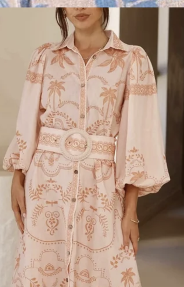 Blue Printed Lantern Sleeve Long Dress