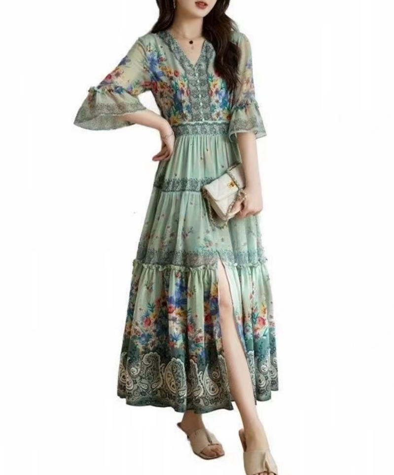 Elegant V-Neck Ruffle Printed Flared Sleeve Long Dress