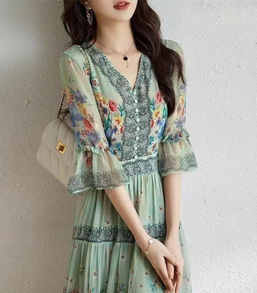 Elegant V-Neck Ruffle Printed Flared Sleeve Long Dress