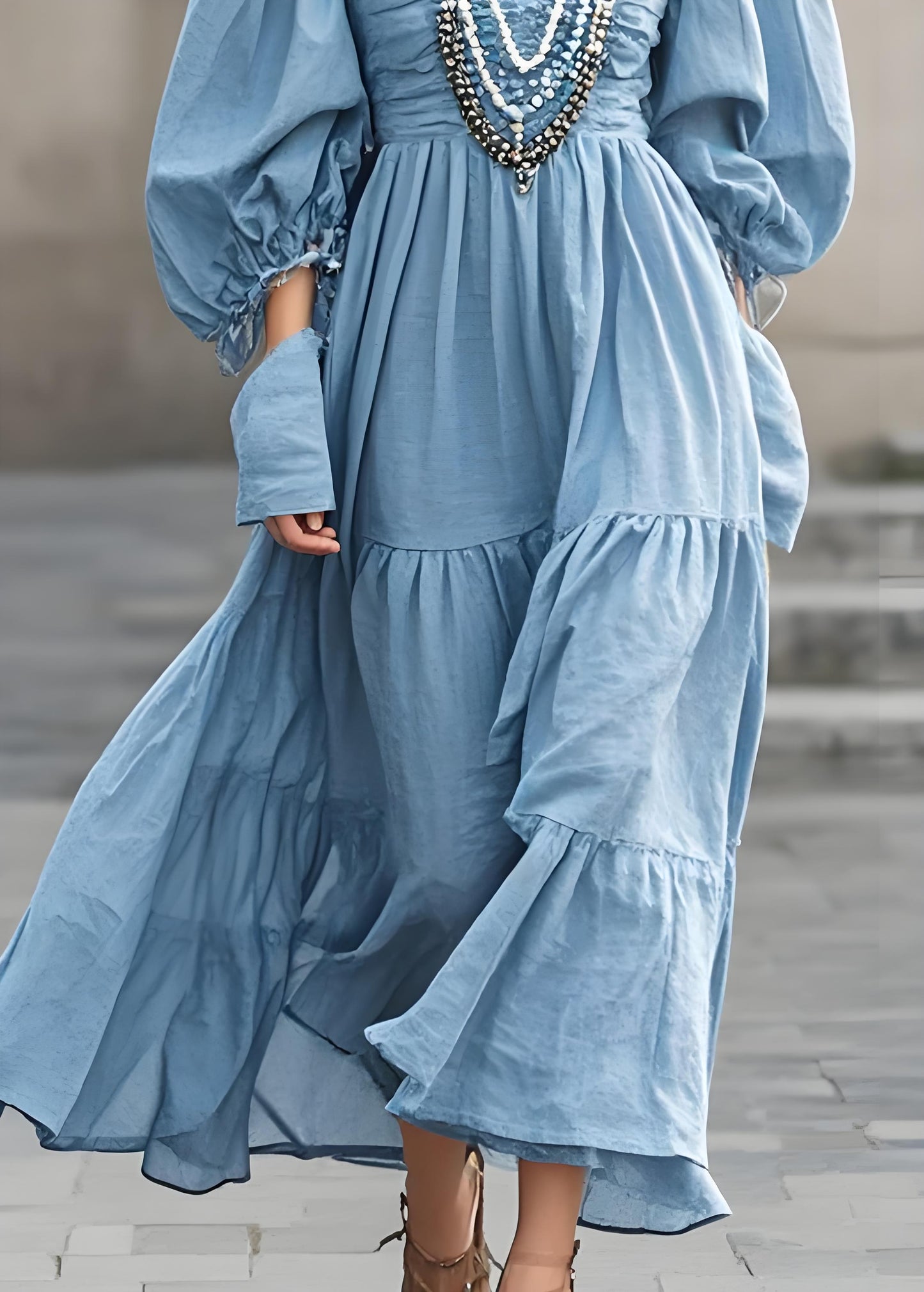 Women's Italian Blue V-Neck Pleated Cotton Maxi Dress