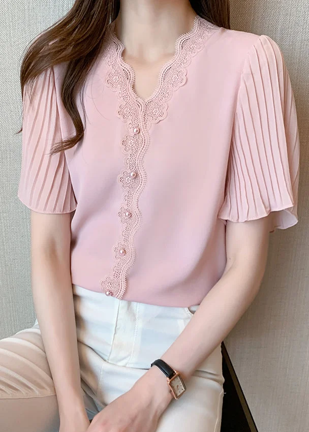 Pink Lace Patchwork Beaded Chiffon