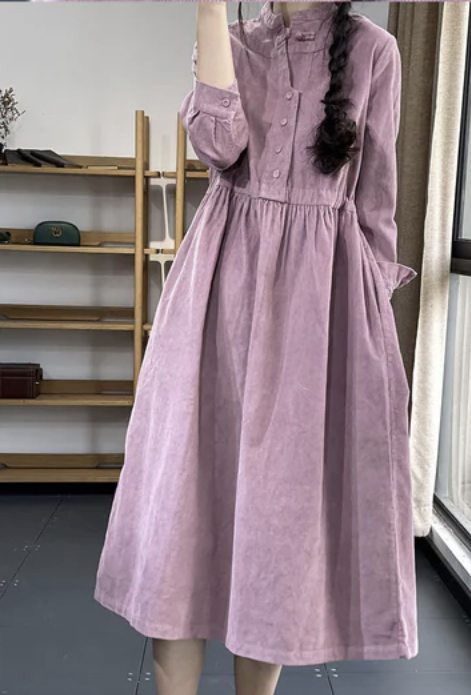 Women's plus size stand-up collar corduroy dress
