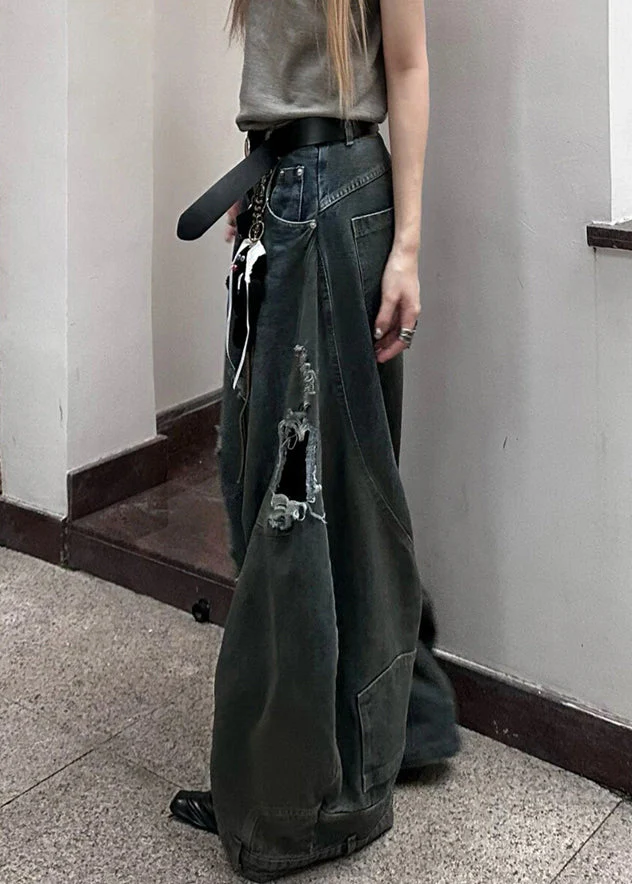 Dark Gray Ripped Pocket Denim Wide Leg Pants