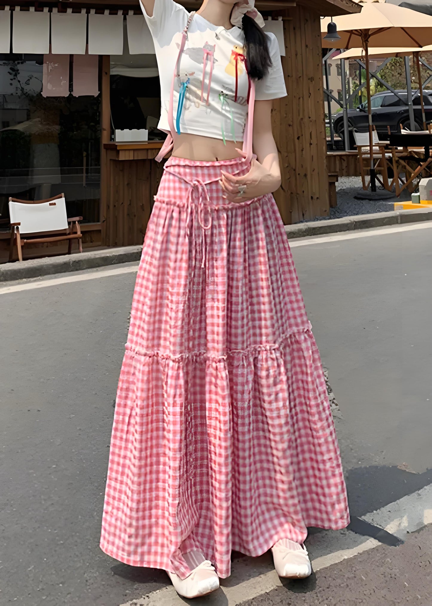 Women's Big Size Pink Ruffle Plaid Patchwork Cotton Half-body Skirt Summer