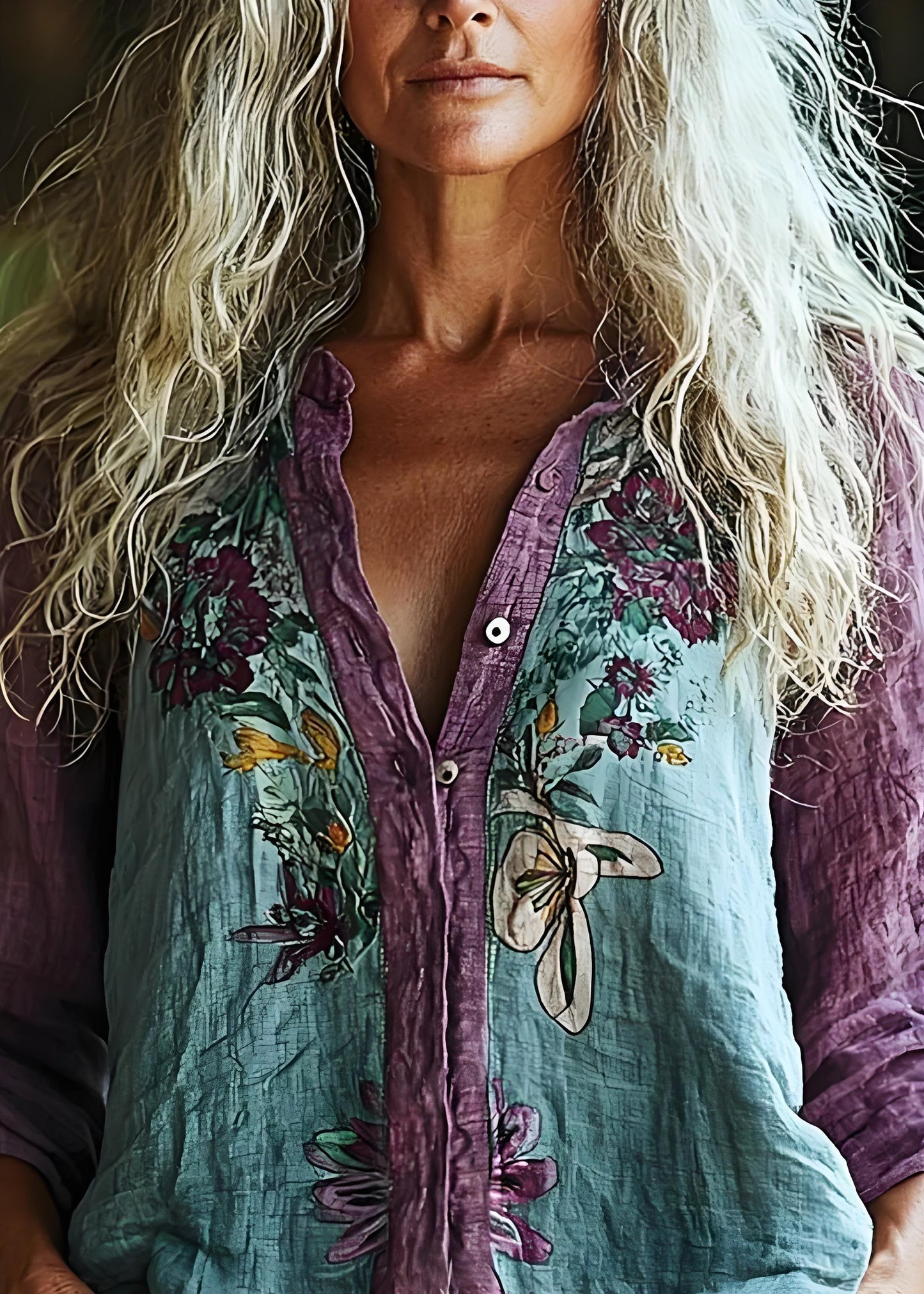 Women's Linen Purple Round Collar Floral Print Button Long Sleeve Patchwork Color Clash Shirt