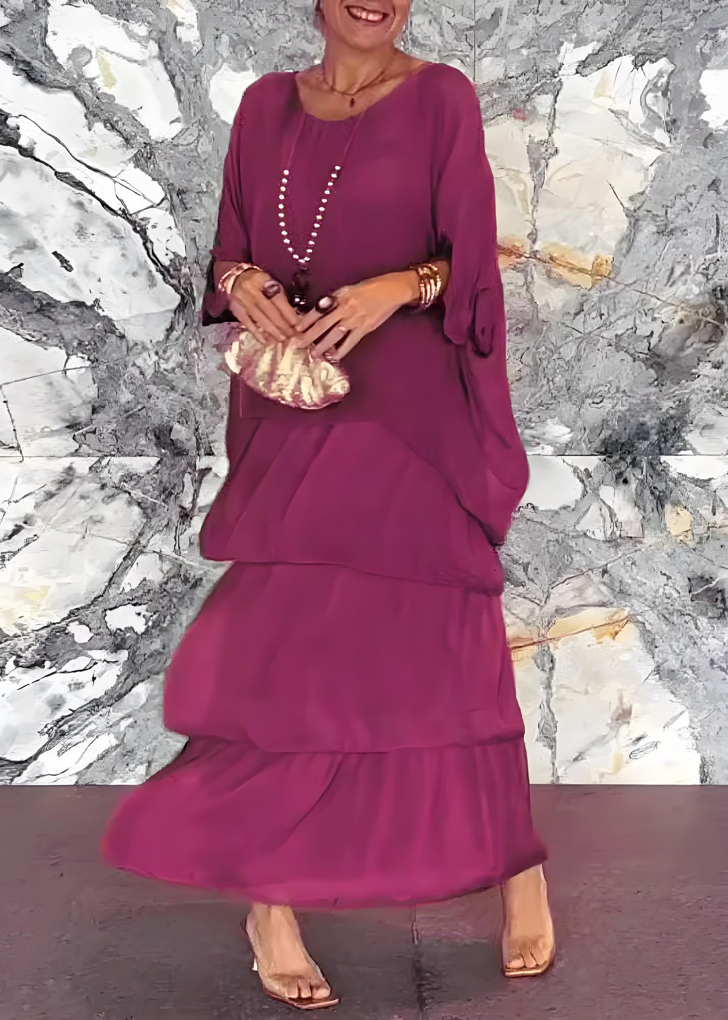 Women's Gray O Neck Long Half Sleeve Dress