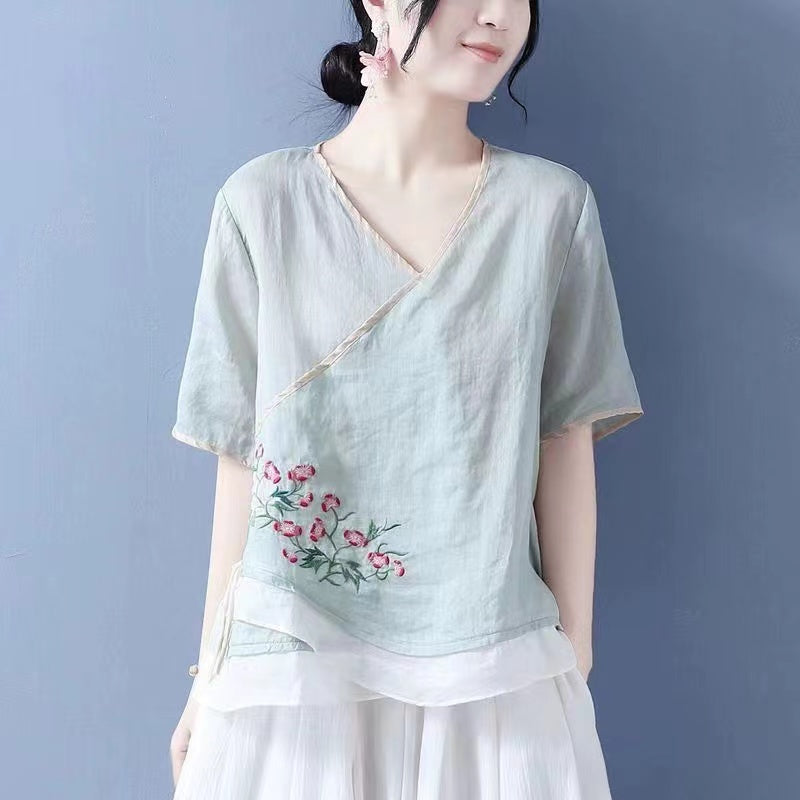 French Embroidered Color-Crossing Asymmetric Cotton Short Sleeve Shirt Top