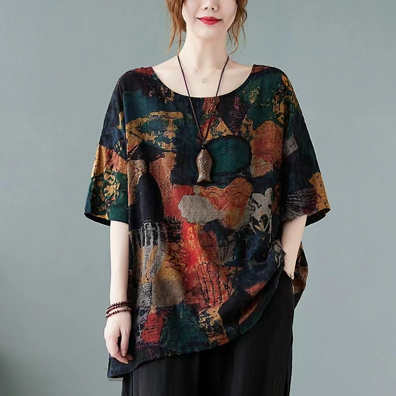 Casual Printed Round Neck Cotton Short Sleeve T-Shirt