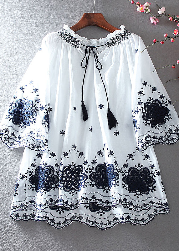 Women's Slim White Embroidered Cotton A-line Top