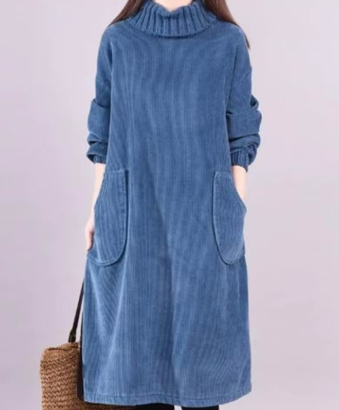 Women's Plus Size Patchwork Thick Corduroy Dress High Neck Long Sleeve