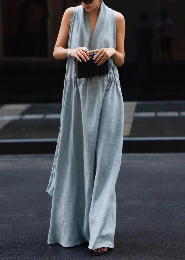 Light Blue Pocket Tie Waist Solid Color Linen Robe Sleeveless Dress