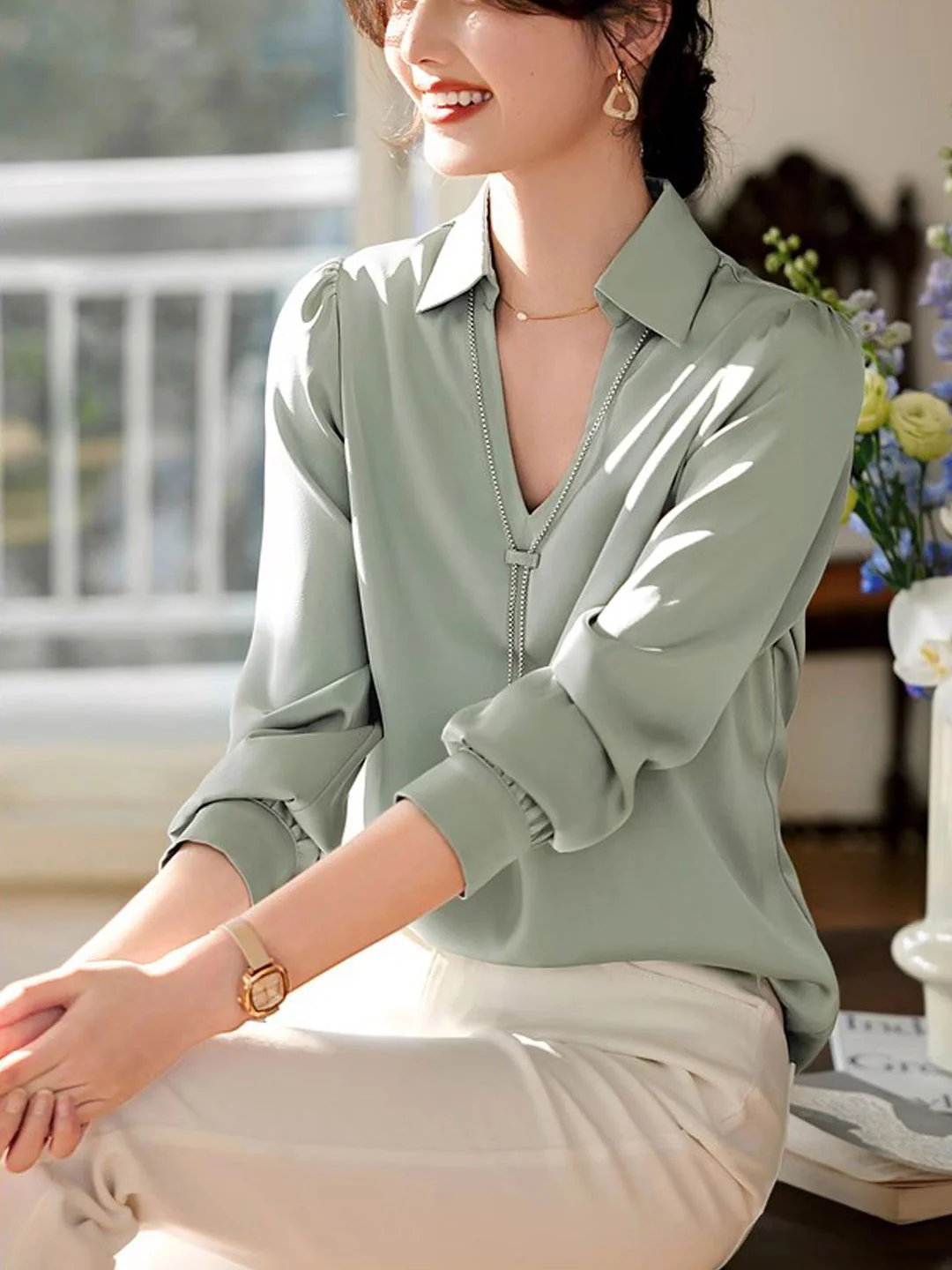 French V-Neck Lapel Satin Long Sleeve Shirt Top
