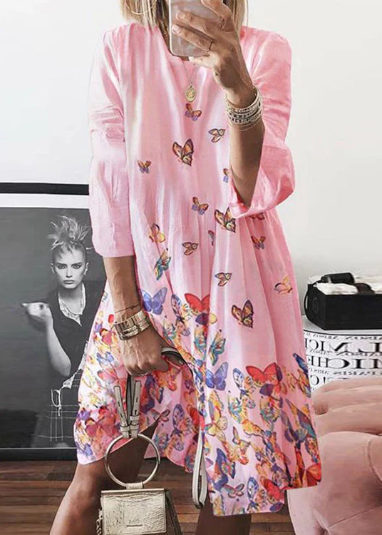 Bohemian Blue O Neck Butterfly Print Cotton Midi Dress Short Sleeve Travel