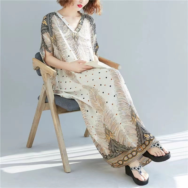 Bohemian V-Neck Printed Short Sleeve Long Dress