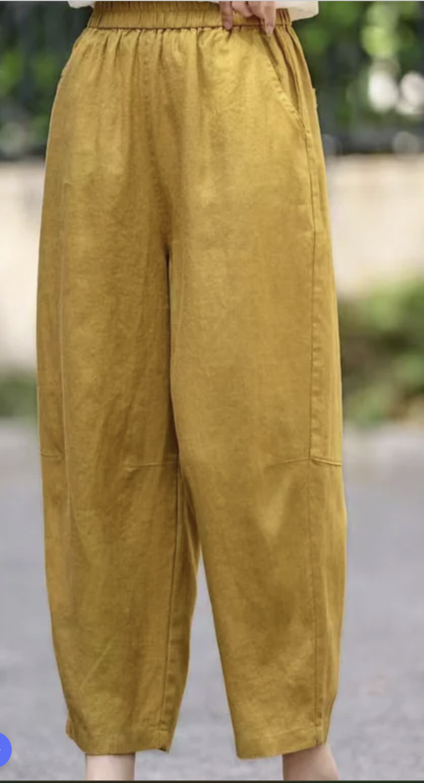 Red Mulberry Elastic Waistband Pocket Linen Haren Pants