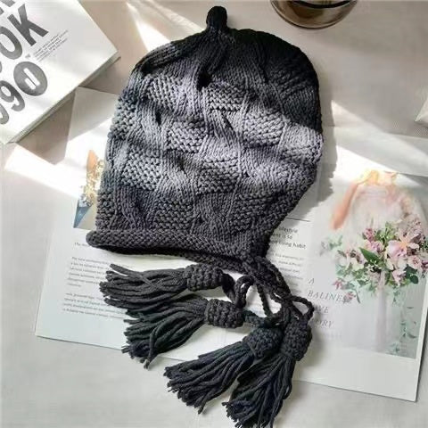 Fashion khaki tassel pigtail knit fall and winter hat