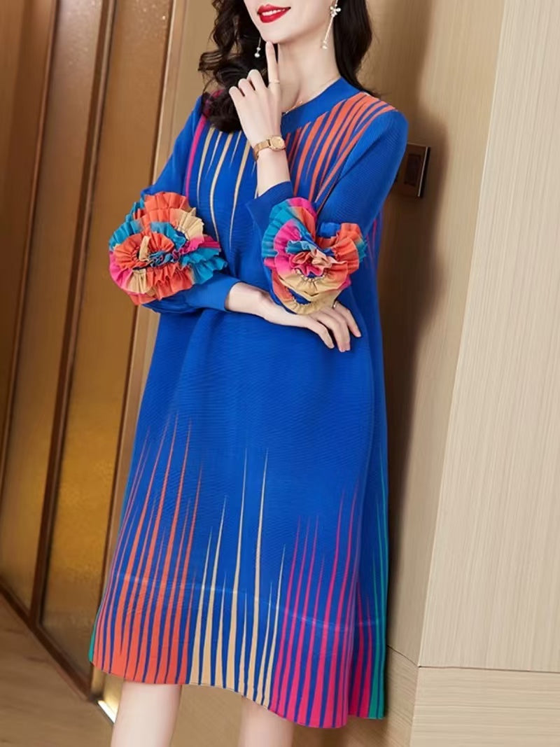 Women's Plus Size Colourful Round Neck Pleated Floral Long Sleeve Dresses