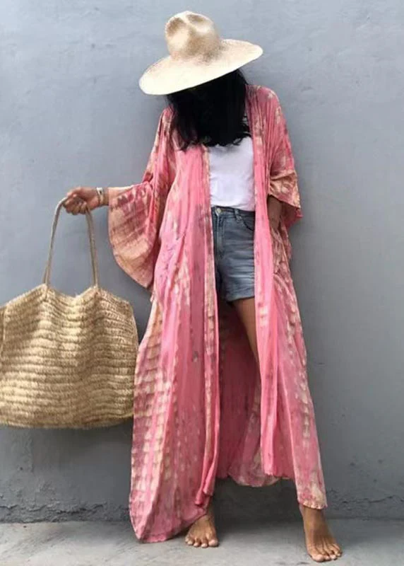 Pink Hooded Printed Cotton Loose Cardigan