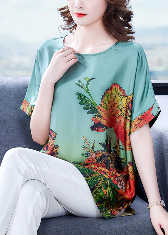 Elegant O Neck Printed Silk Short Sleeve Top