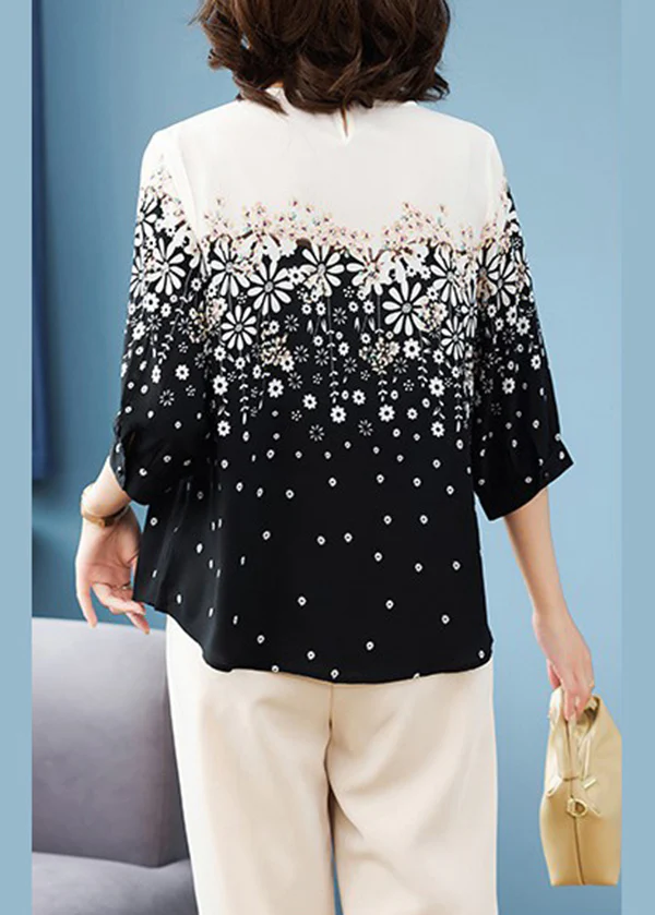 Elegant Black Round Collar Printed Chiffon Blouse