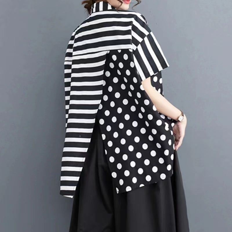 Plus Size Irregular Polka Dot Striped Short Sleeve Shirt