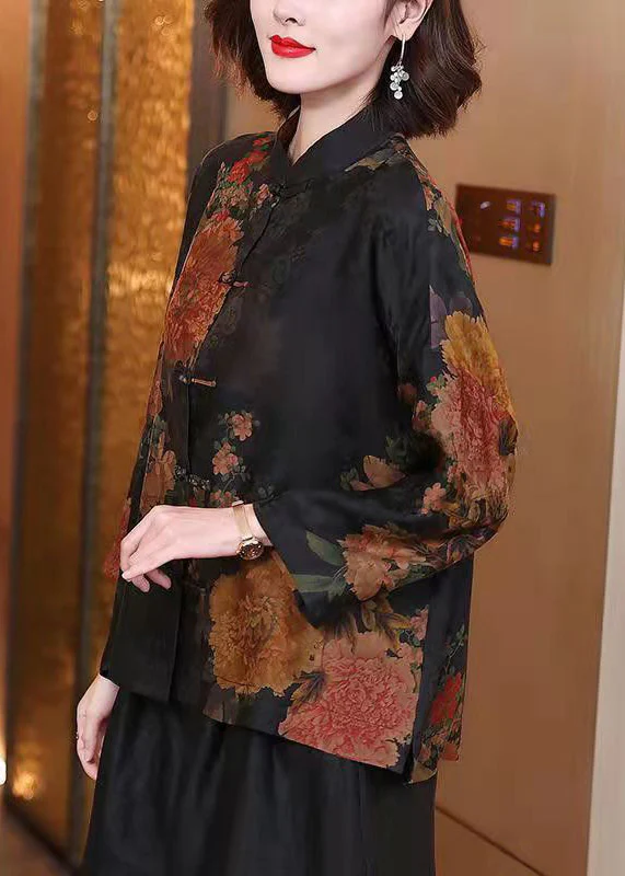 China Phoenix Women's Large Size Lapel Printed Button Silk Shirt Long Sleeve