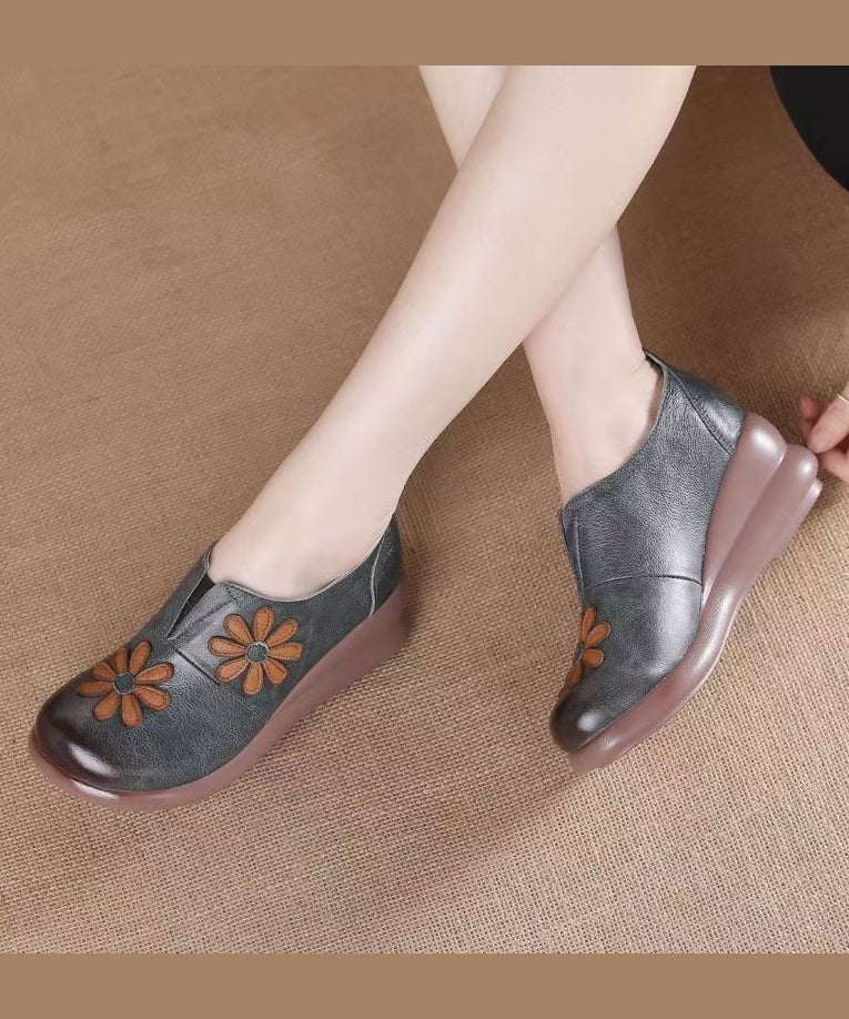 Women's Brown Cowhide Slope Heeled Shoes Patchwork Floral