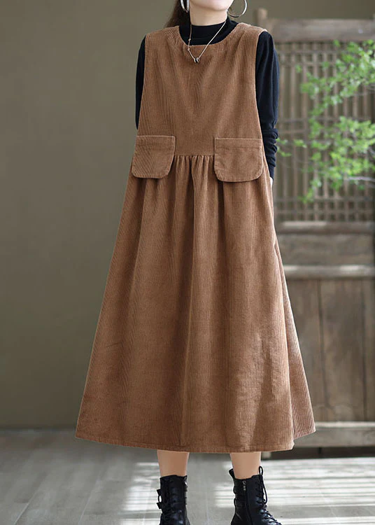 Womens Loose Round Neck Corduroy No Dresses