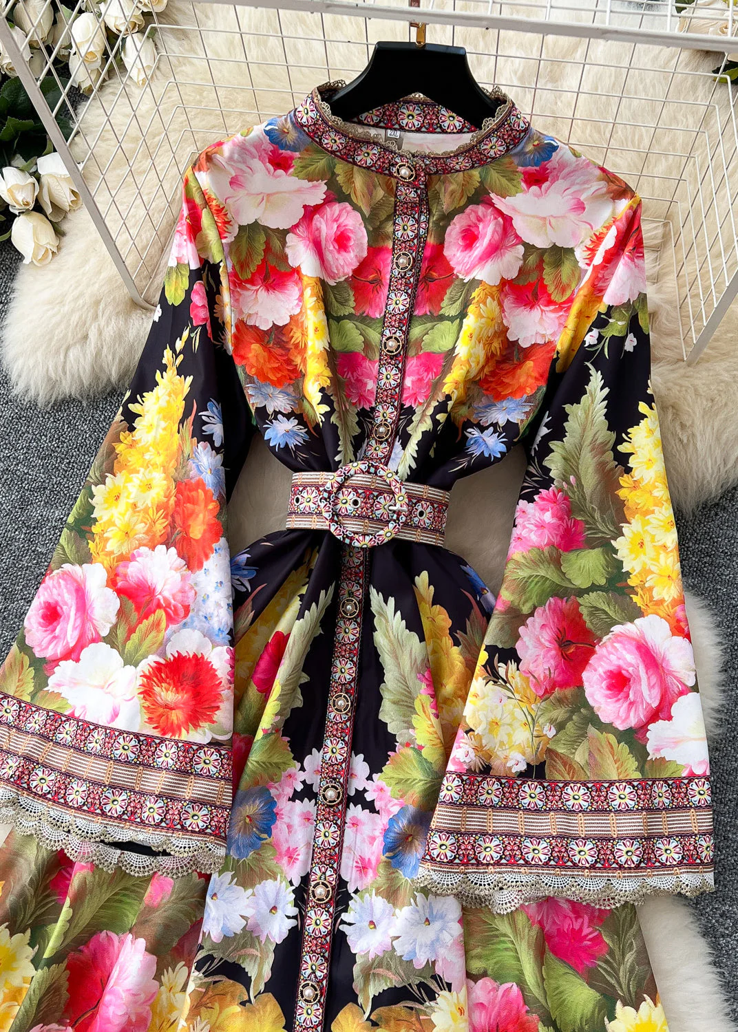 Women's Bohemian White Floral Print Cotton Flared Sleeve Dress