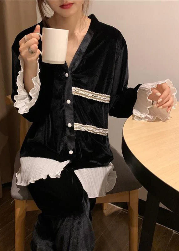 Women's V-Neck Lace Patchwork Velvet Two-Piece Set Spring