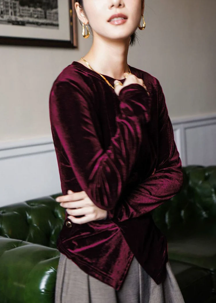 Casual Velvet Shirt Asymmetric Buttoned Long Sleeve