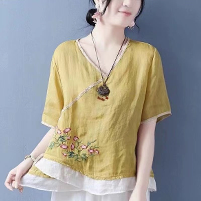 French Embroidered Color-Crossing Asymmetric Cotton Short Sleeve Shirt Top
