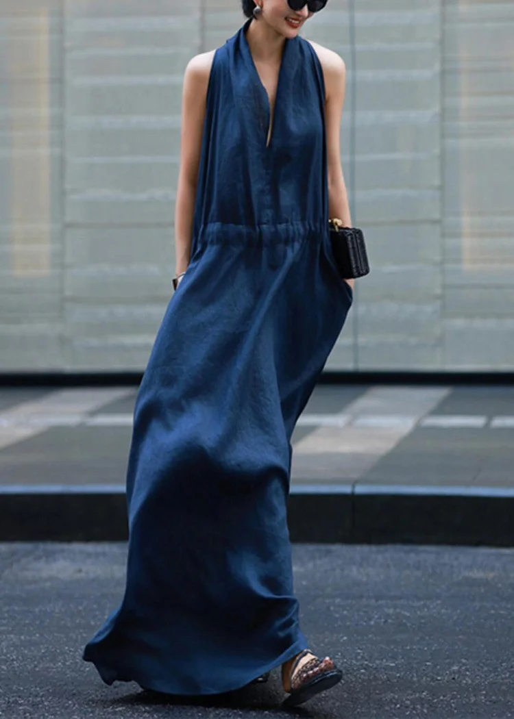 Light Blue Pocket Tie Waist Solid Color Linen Robe Sleeveless Dress
